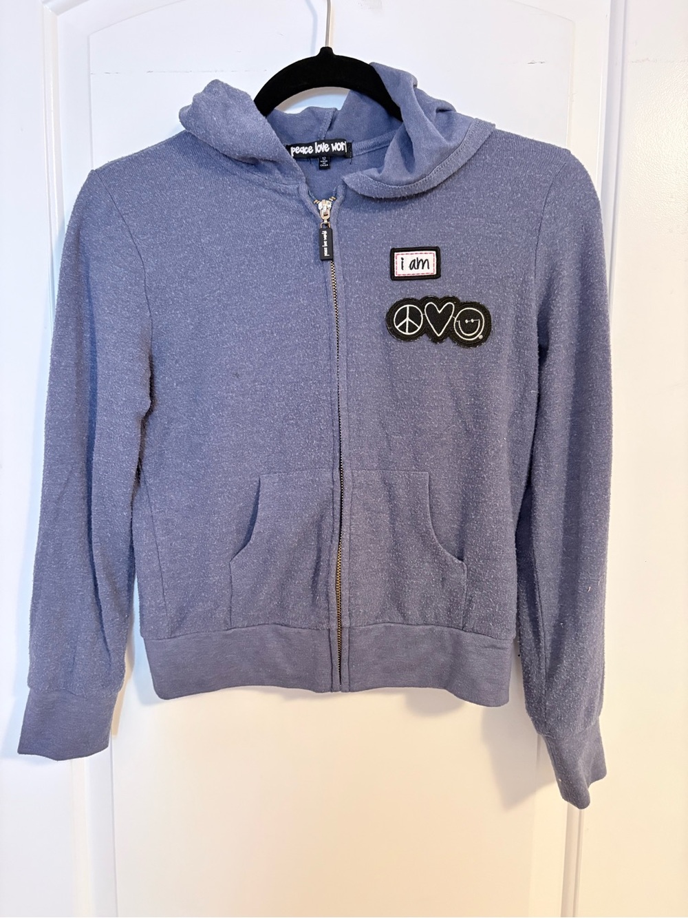 Peace Love World Girls' Light Lavender Zip Hoodie with Patch Details